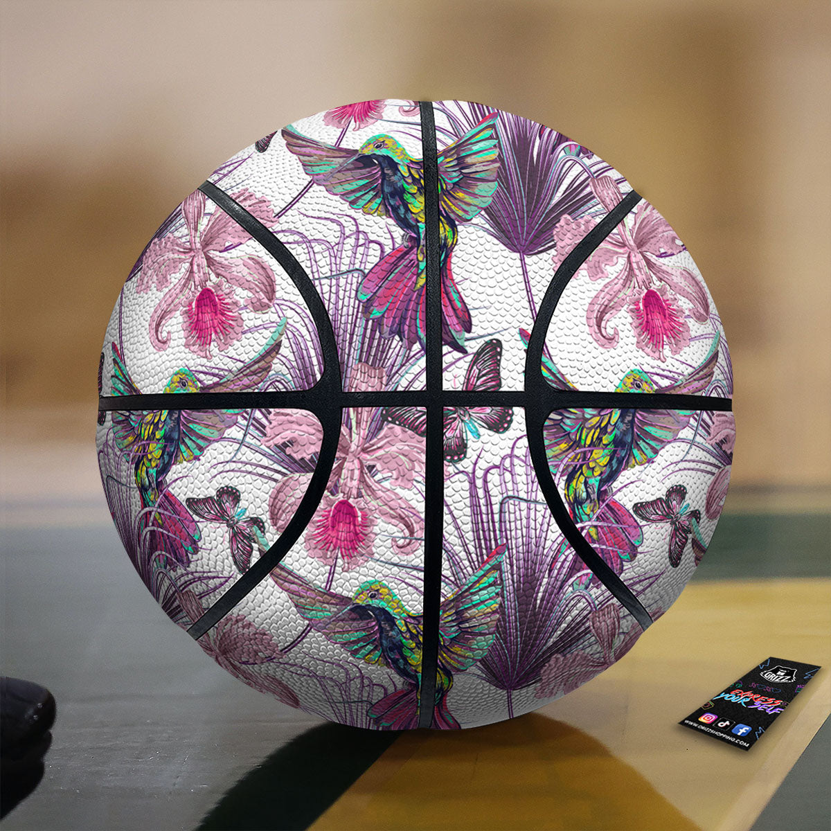 Hummingbird And Pink Flowers Print Basketball-grizzshop
