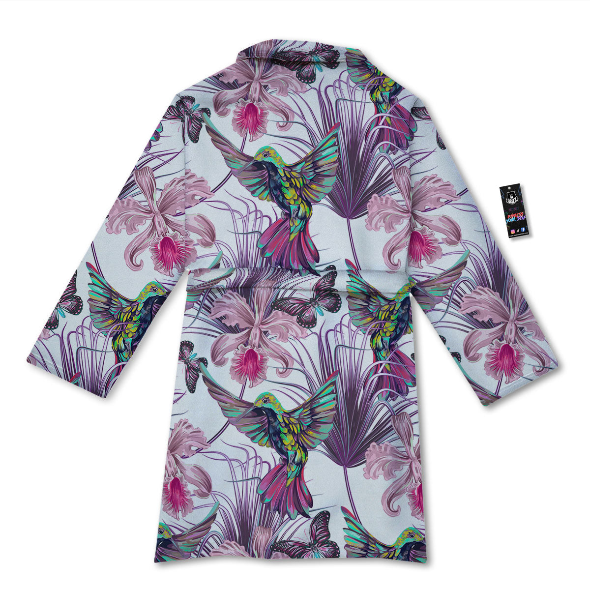 Hummingbird And Pink Flowers Print Bathrobe-grizzshop