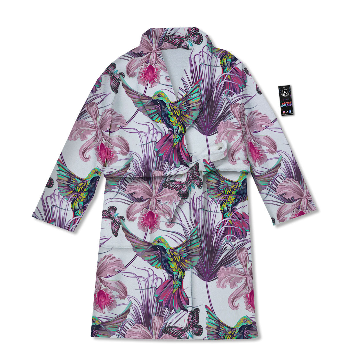 Hummingbird And Pink Flowers Print Bathrobe-grizzshop