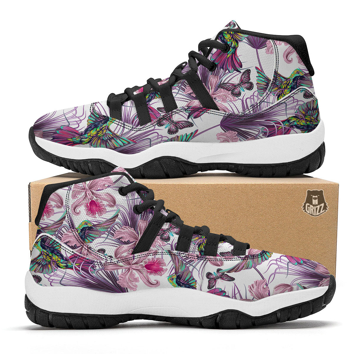 Hummingbird And Pink Flowers Print Black Bball Shoes-grizzshop