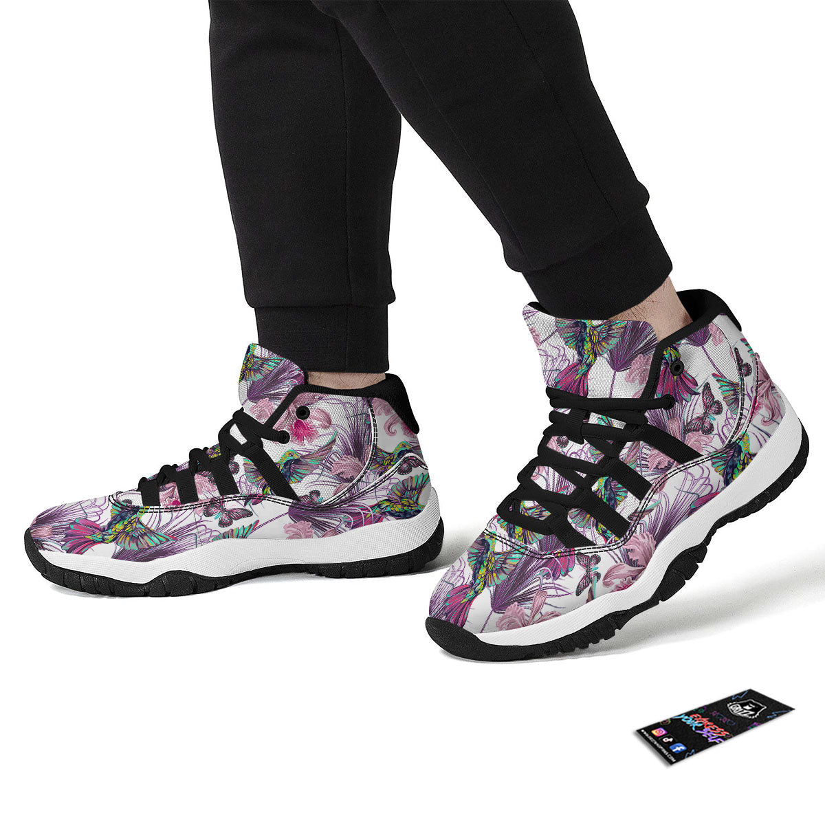 Hummingbird And Pink Flowers Print Black Bball Shoes-grizzshop
