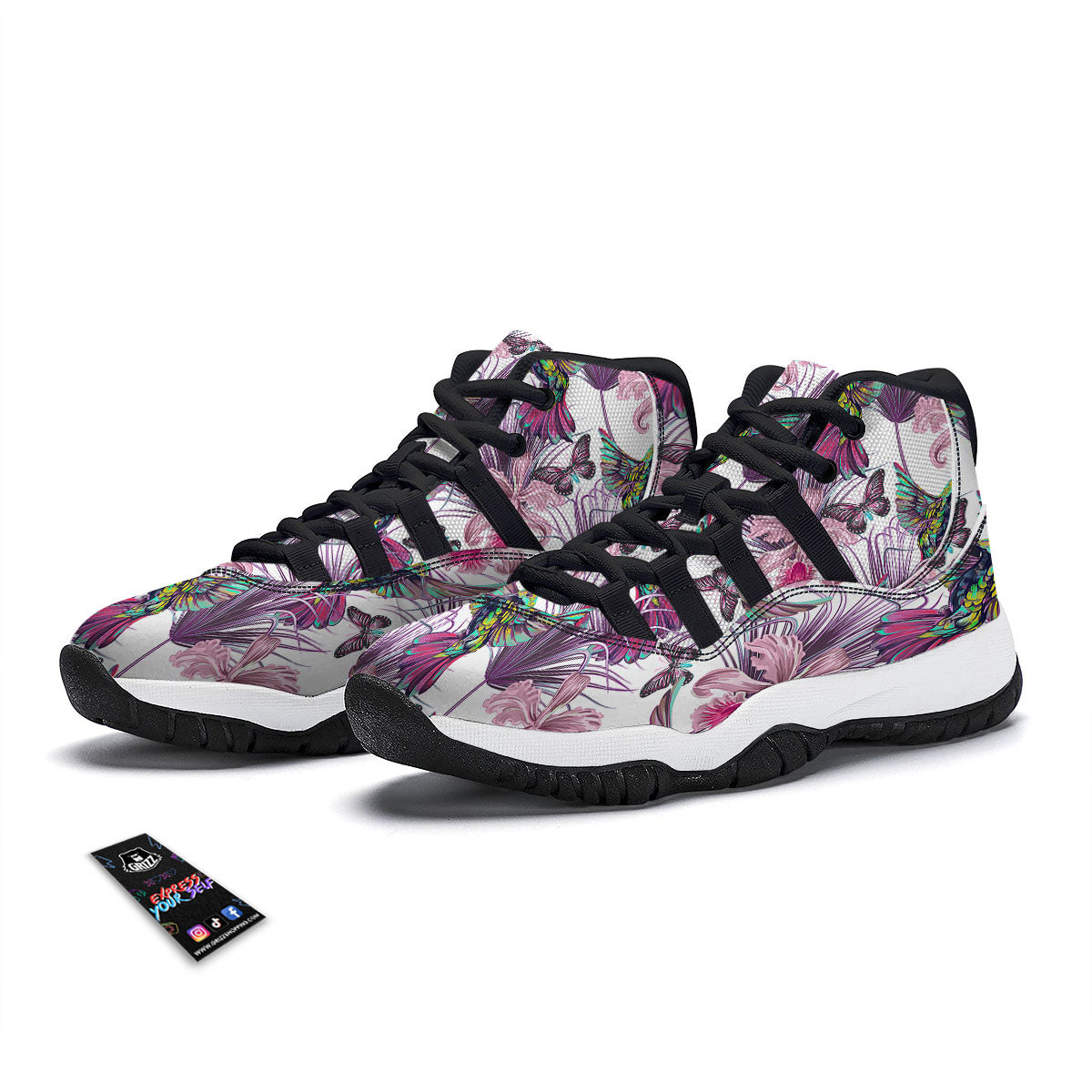 Hummingbird And Pink Flowers Print Black Bball Shoes-grizzshop