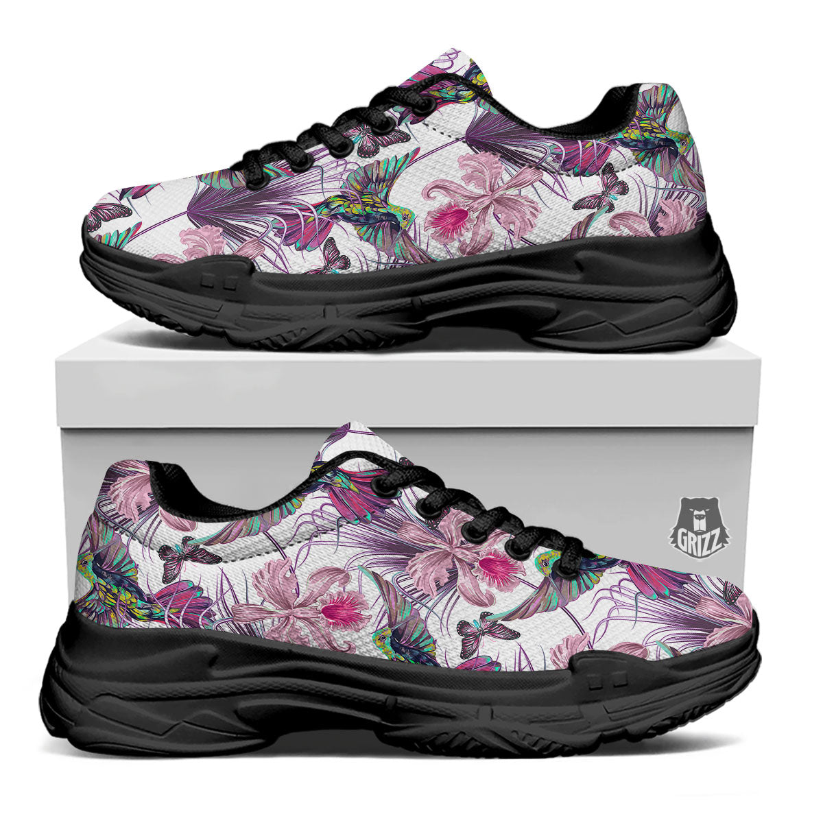 Hummingbird And Pink Flowers Print Black Chunky Shoes-grizzshop