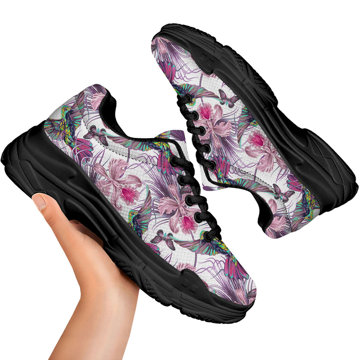 Hummingbird And Pink Flowers Print Black Chunky Shoes-grizzshop