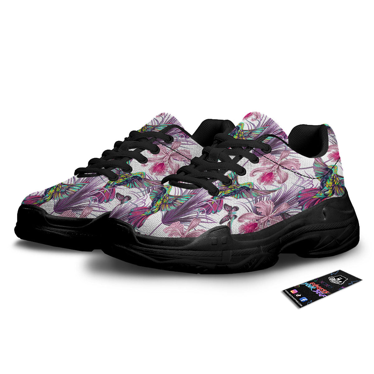 Hummingbird And Pink Flowers Print Black Chunky Shoes-grizzshop