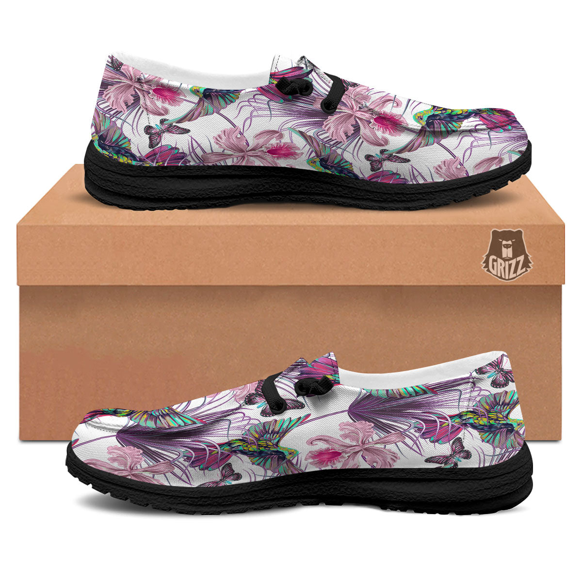 Hummingbird And Pink Flowers Print Black Loafers-grizzshop