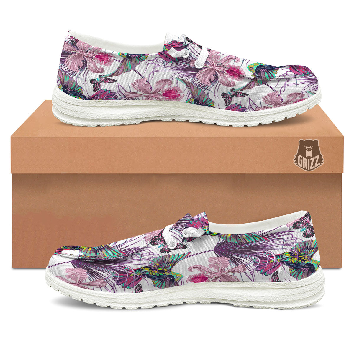 Hummingbird And Pink Flowers Print Black Loafers-grizzshop