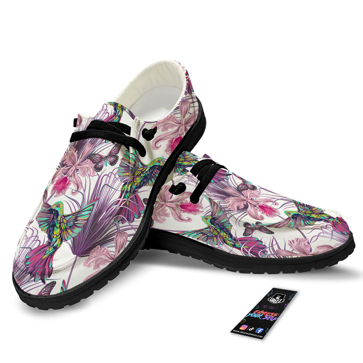 Hummingbird And Pink Flowers Print Black Loafers-grizzshop