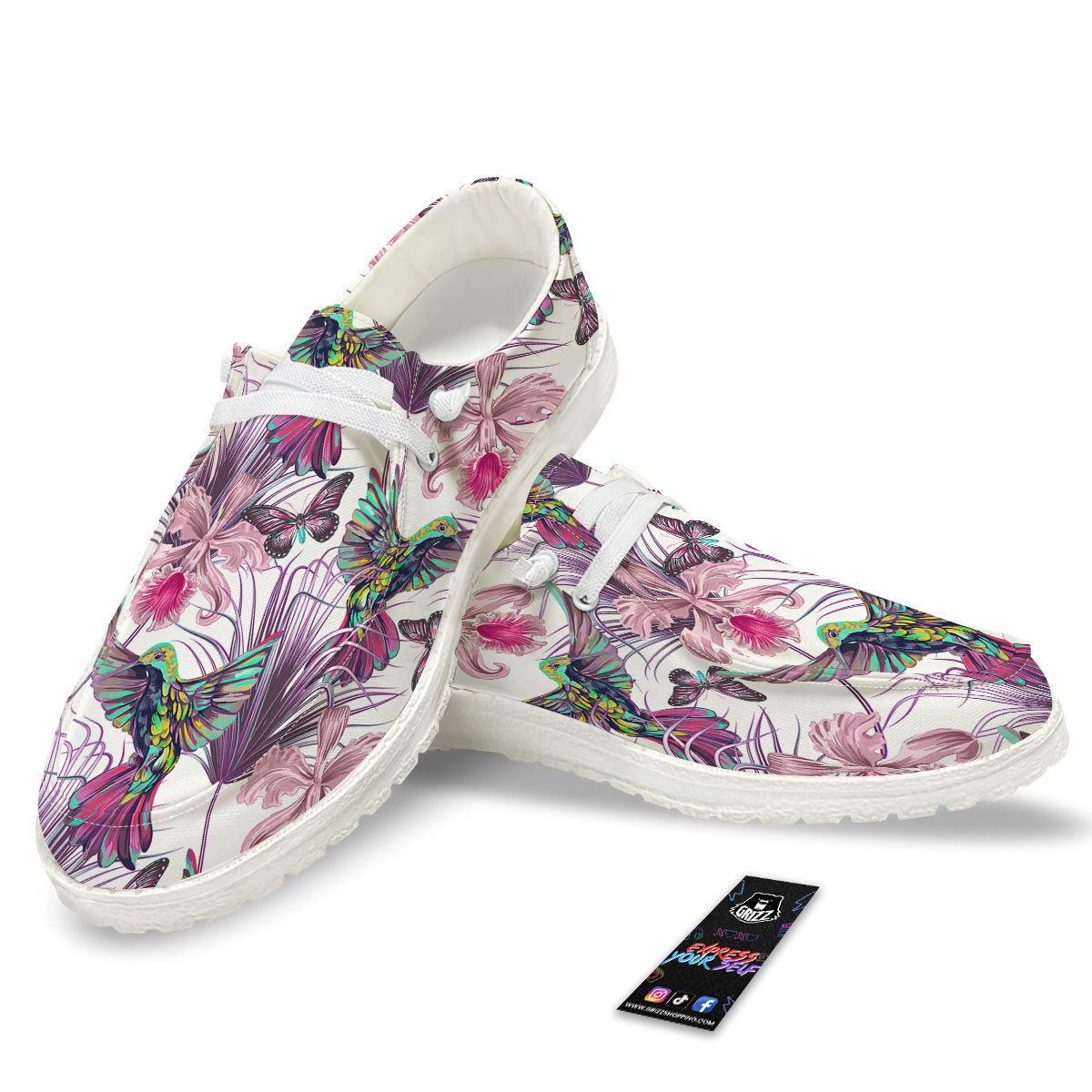 Hummingbird And Pink Flowers Print Black Loafers-grizzshop