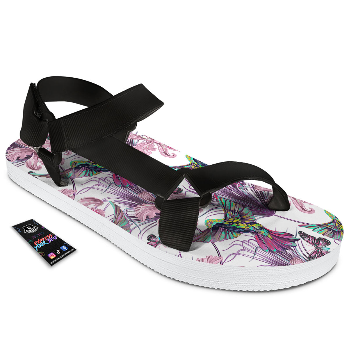Hummingbird And Pink Flowers Print Black Open Toe Sandals-grizzshop