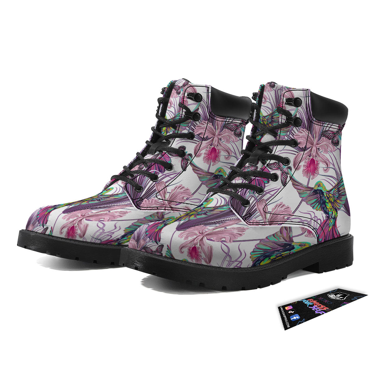 Hummingbird And Pink Flowers Print Boots-grizzshop