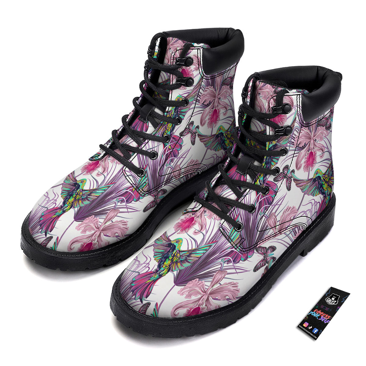 Hummingbird And Pink Flowers Print Boots-grizzshop