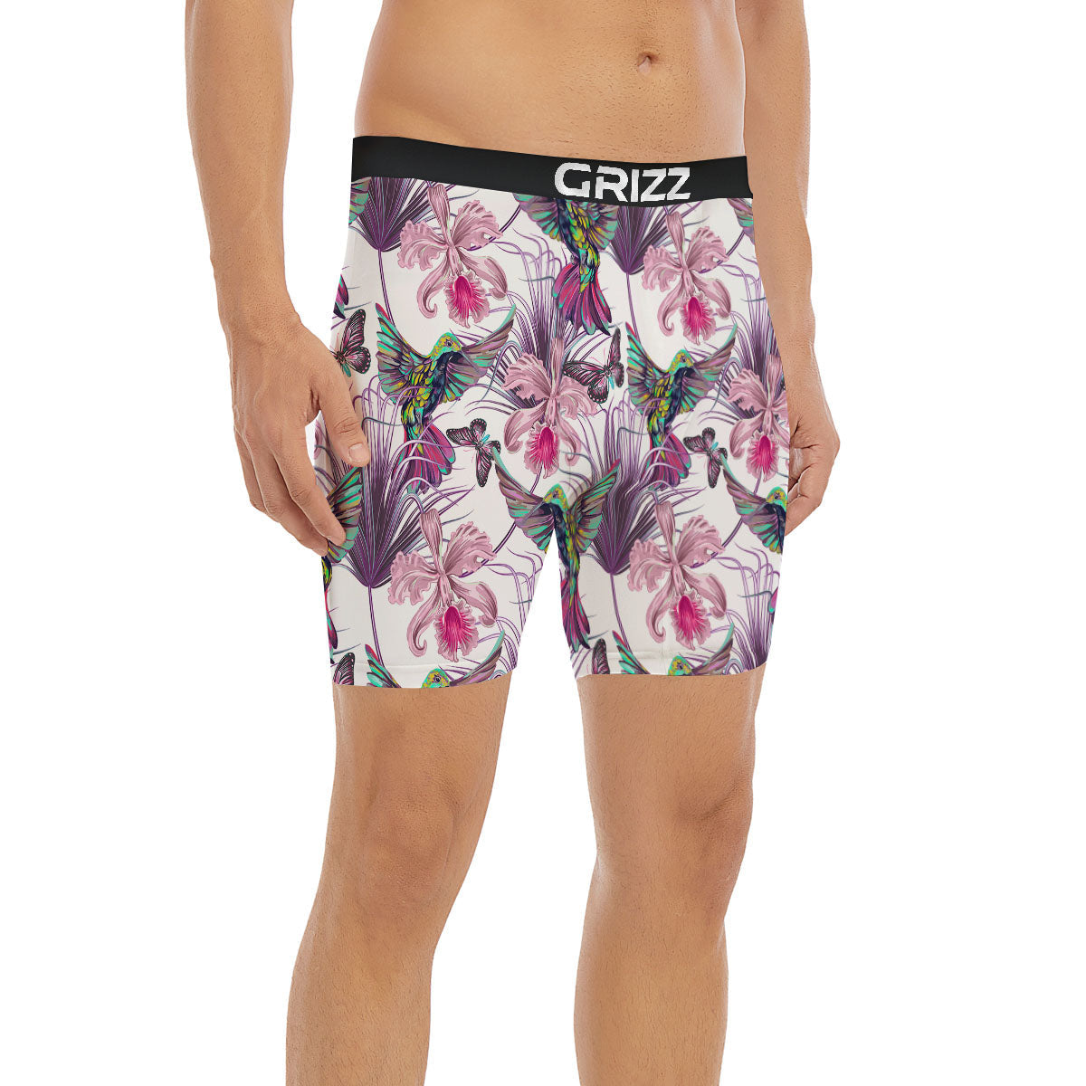 Hummingbird And Pink Flowers Print Boxer Briefs-grizzshop