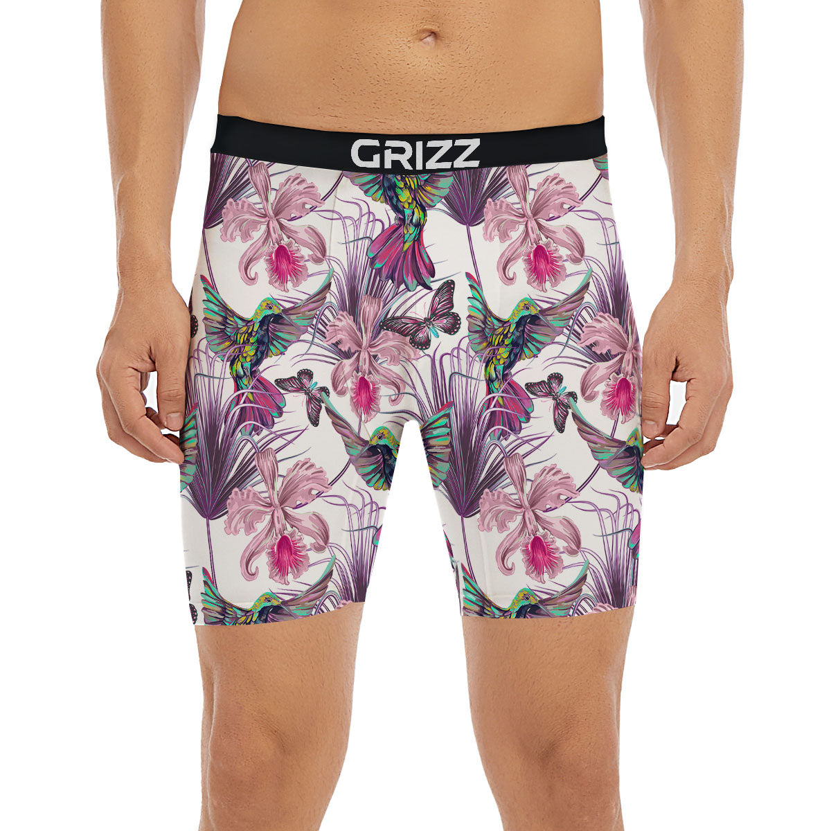 Hummingbird And Pink Flowers Print Boxer Briefs-grizzshop