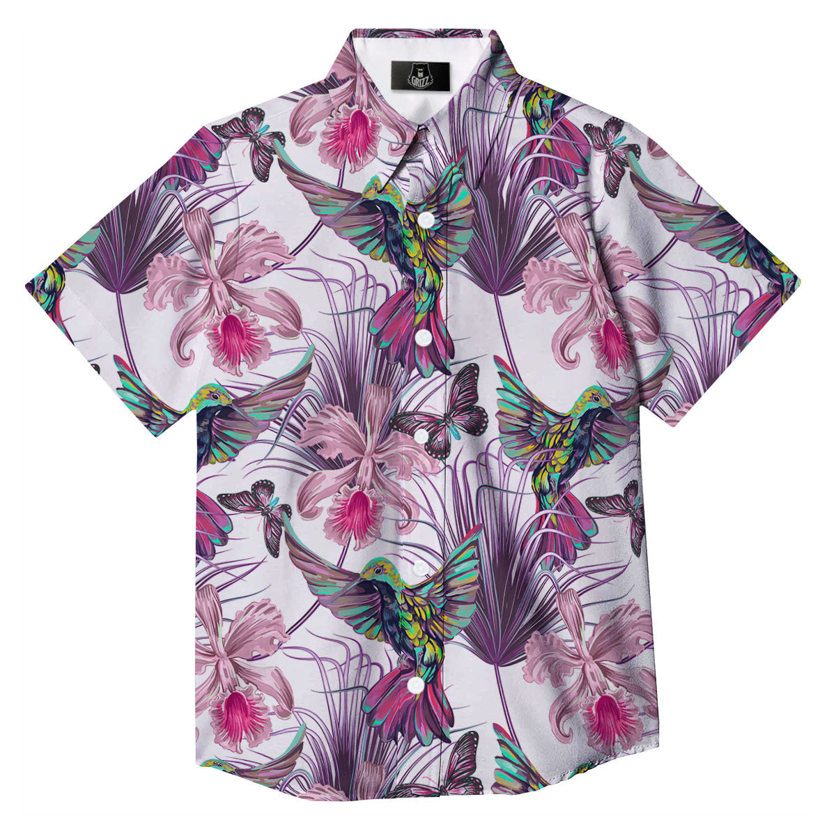 Hummingbird And Pink Flowers Print Button Up Shirt-grizzshop