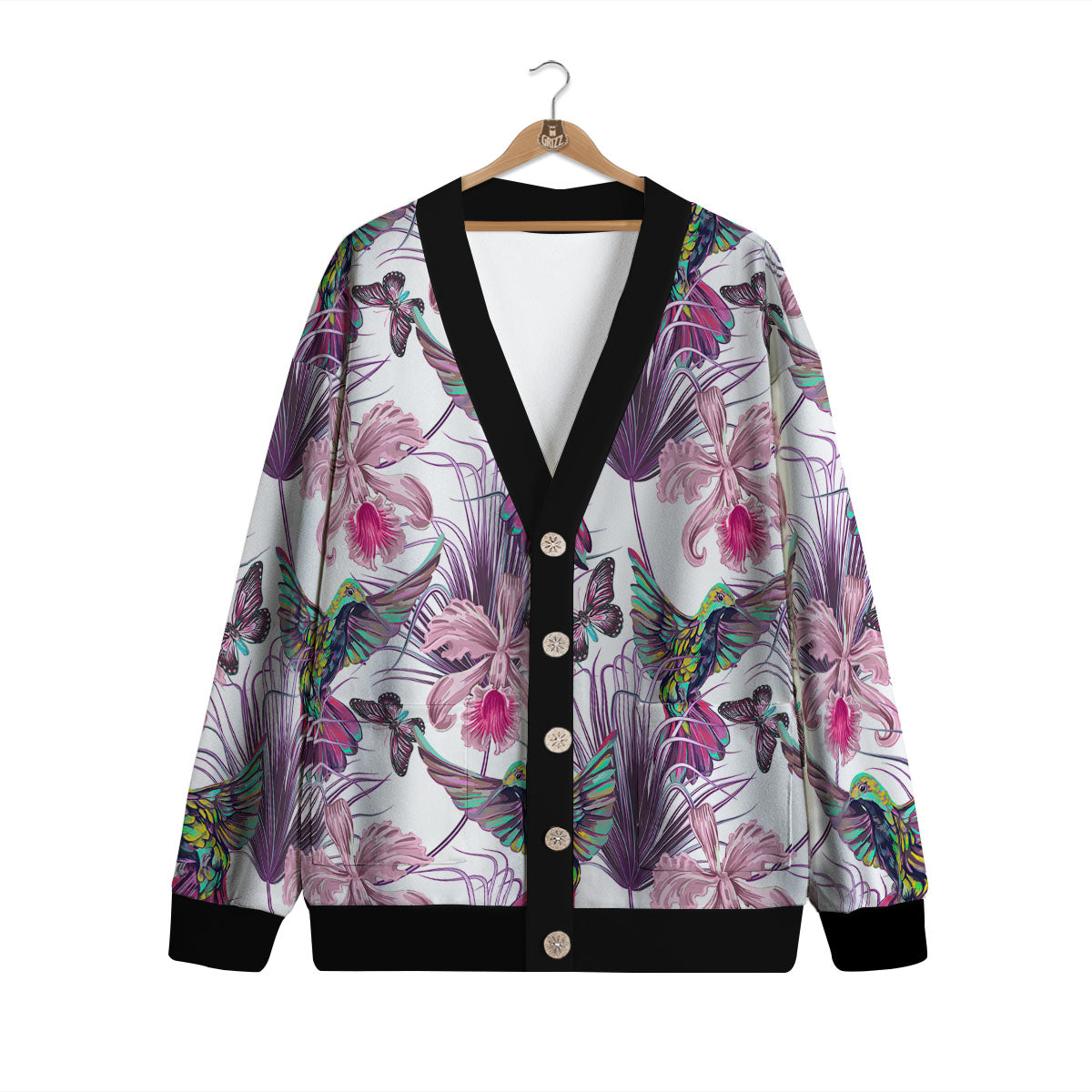 Hummingbird And Pink Flowers Print Cardigan-grizzshop