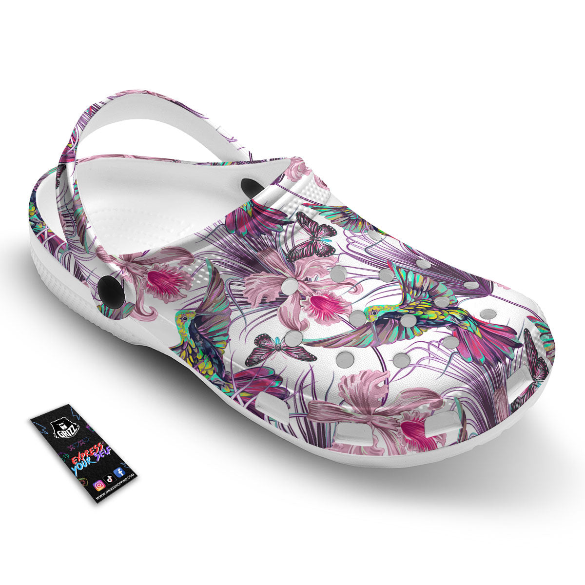 Hummingbird And Pink Flowers Print Clog-grizzshop