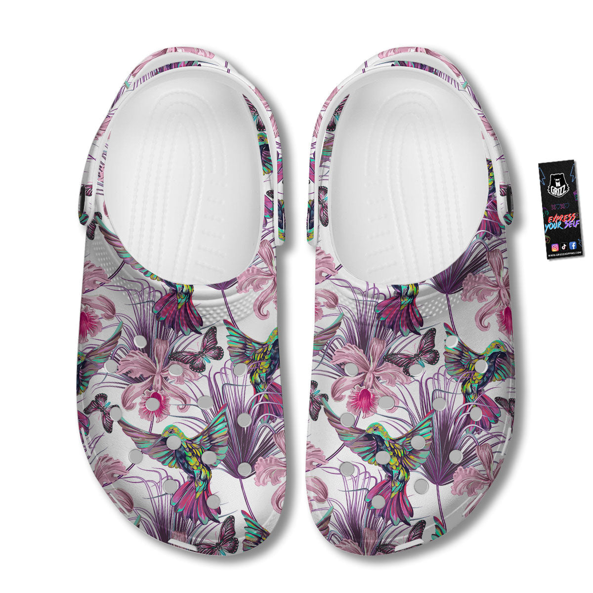 Hummingbird And Pink Flowers Print Clog-grizzshop