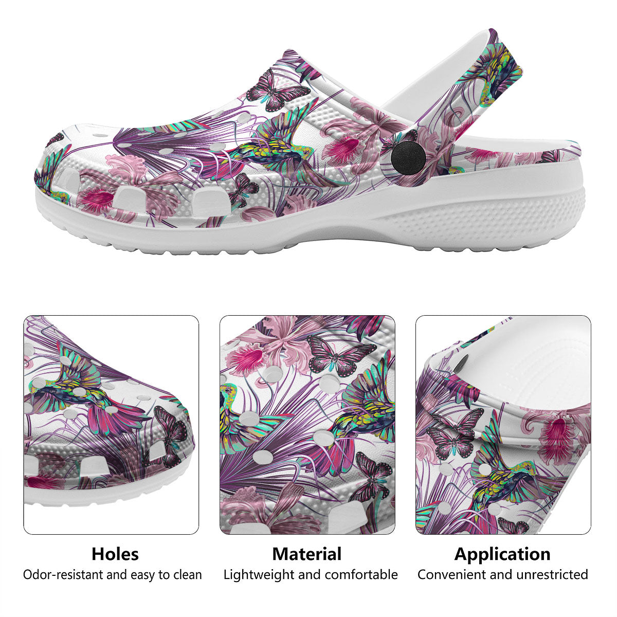 Hummingbird And Pink Flowers Print Clog-grizzshop