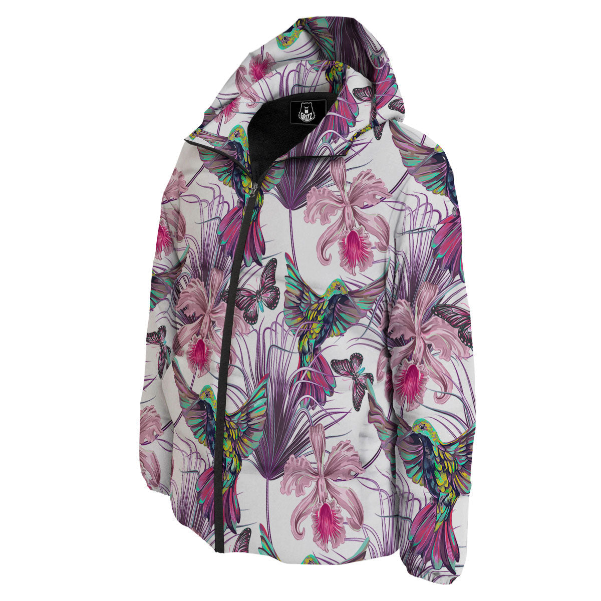 Hummingbird And Pink Flowers Print Down Jacket-grizzshop