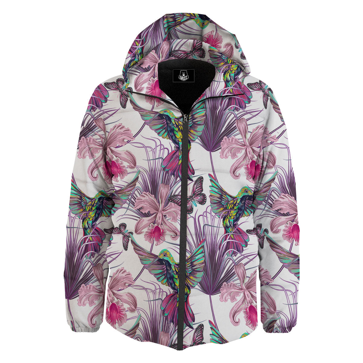 Hummingbird And Pink Flowers Print Down Jacket-grizzshop