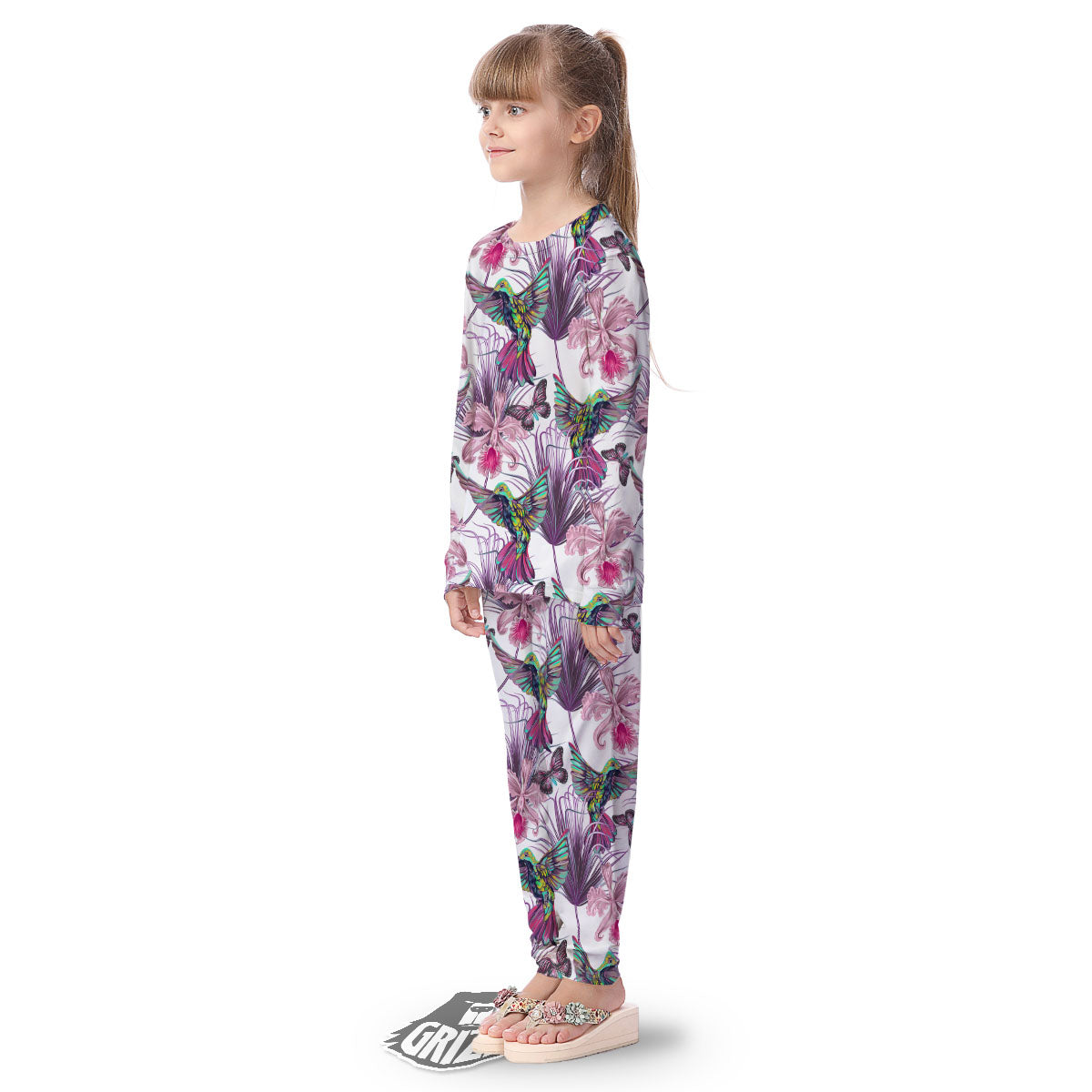 Hummingbird And Pink Flowers Print Kid's Pajamas-grizzshop