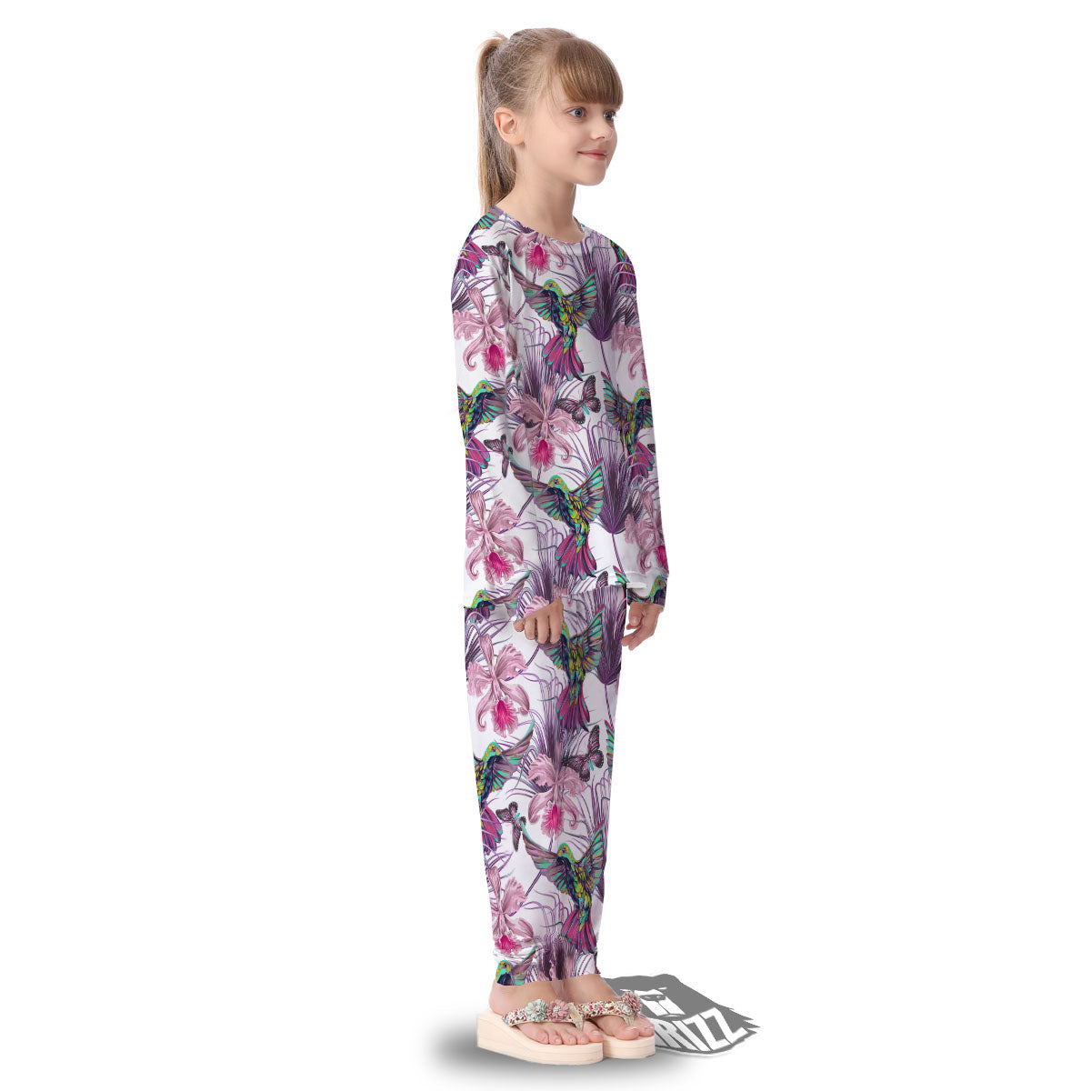 Hummingbird And Pink Flowers Print Kid's Pajamas-grizzshop