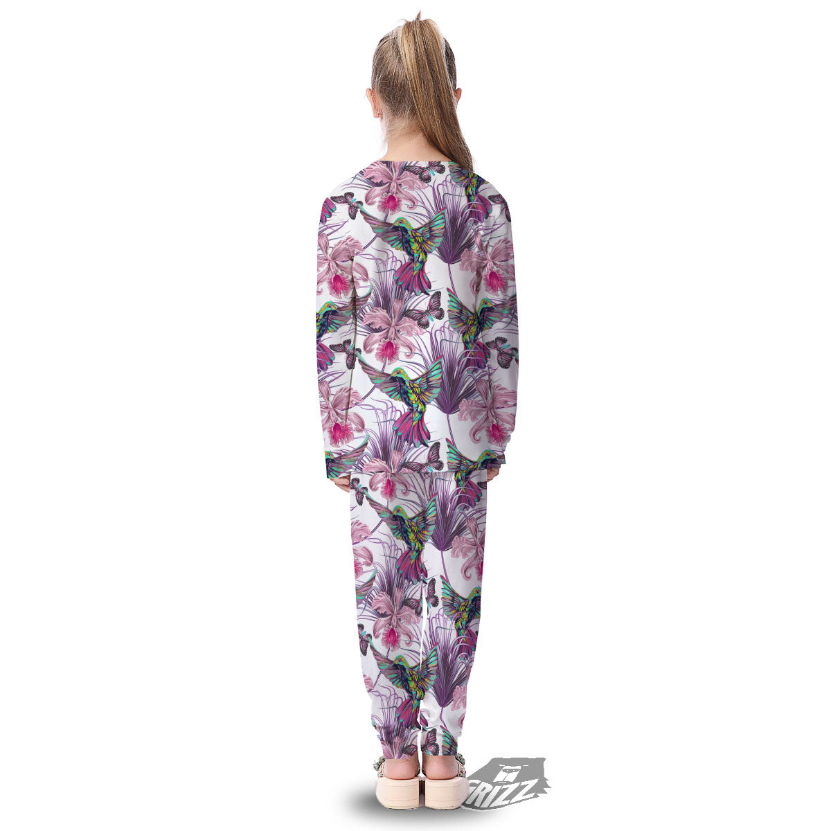Hummingbird And Pink Flowers Print Kid's Pajamas-grizzshop