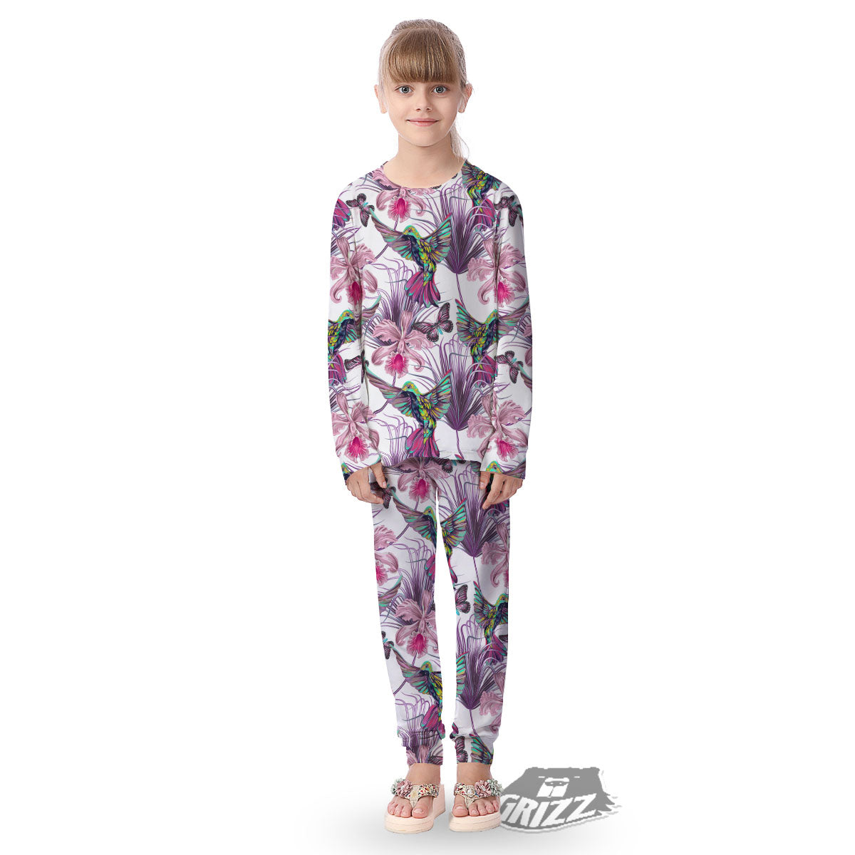 Hummingbird And Pink Flowers Print Kid's Pajamas-grizzshop