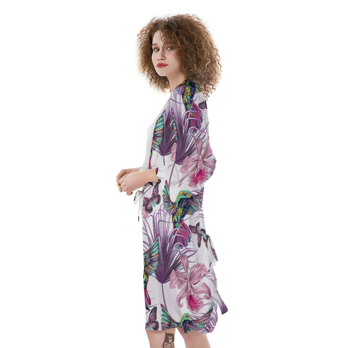 Hummingbird And Pink Flowers Print Kimono-grizzshop