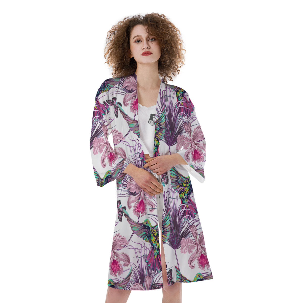 Hummingbird And Pink Flowers Print Kimono-grizzshop