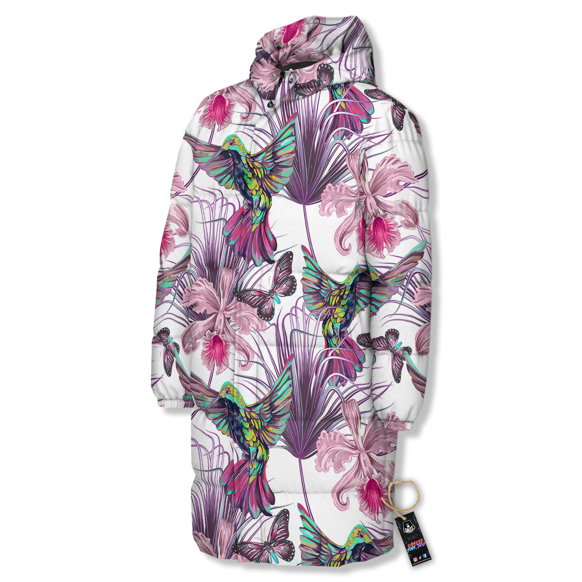 Hummingbird And Pink Flowers Print Long Down Jacket-grizzshop