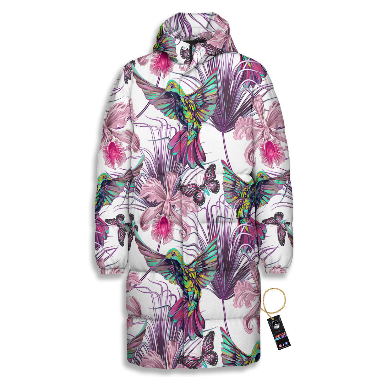 Hummingbird And Pink Flowers Print Long Down Jacket-grizzshop