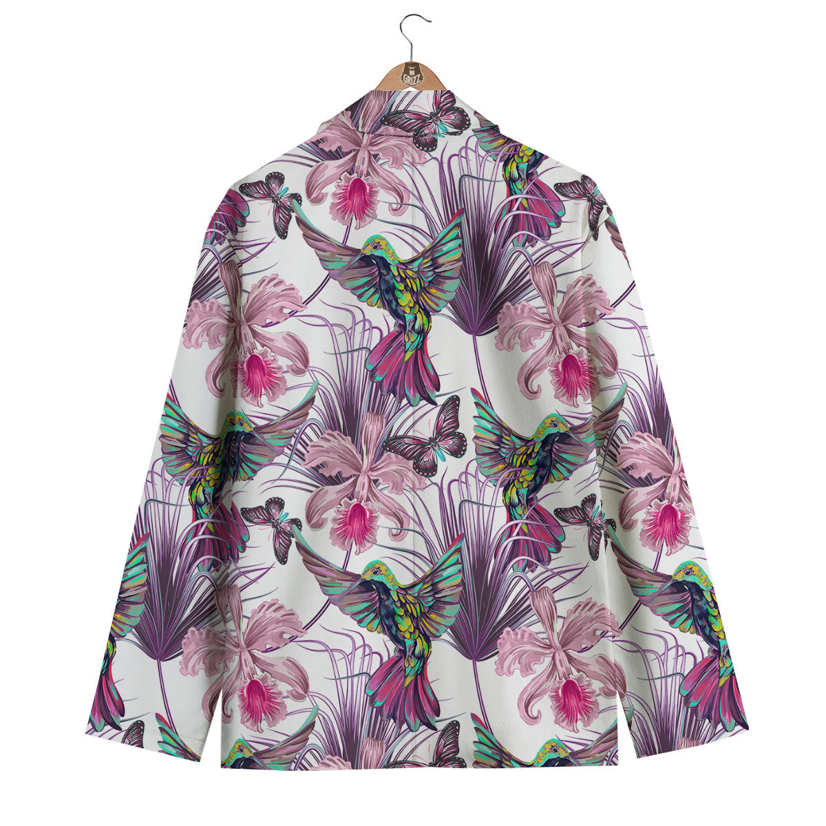 Hummingbird And Pink Flowers Print Men's Blazer-grizzshop