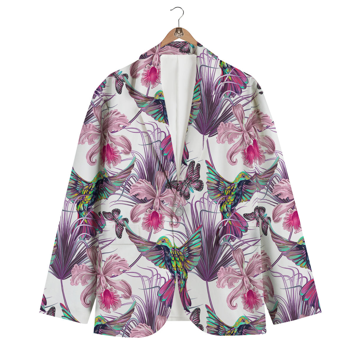 Hummingbird And Pink Flowers Print Men's Blazer-grizzshop