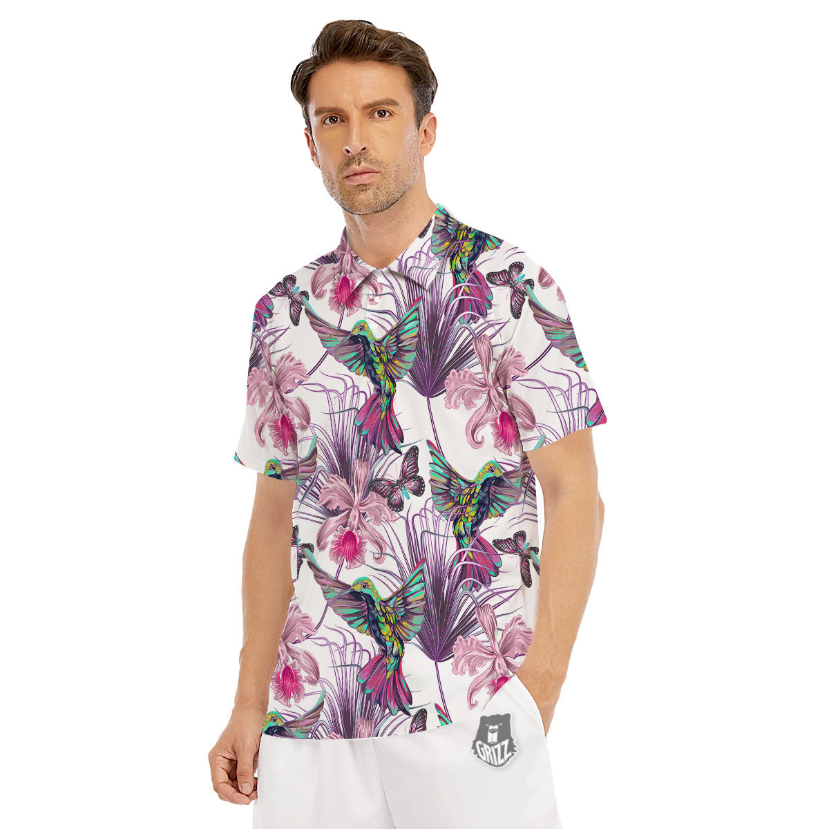 Hummingbird And Pink Flowers Print Men's Golf Shirts-grizzshop