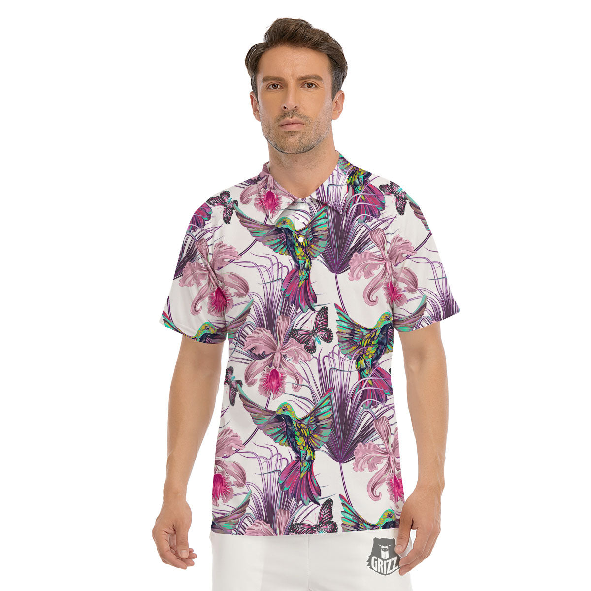 Hummingbird And Pink Flowers Print Men's Golf Shirts-grizzshop