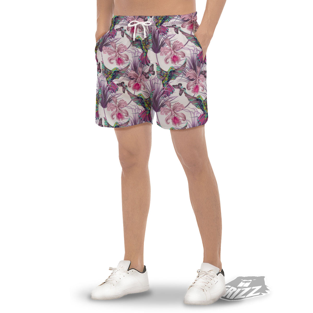 Hummingbird And Pink Flowers Print Men's Gym Shorts-grizzshop
