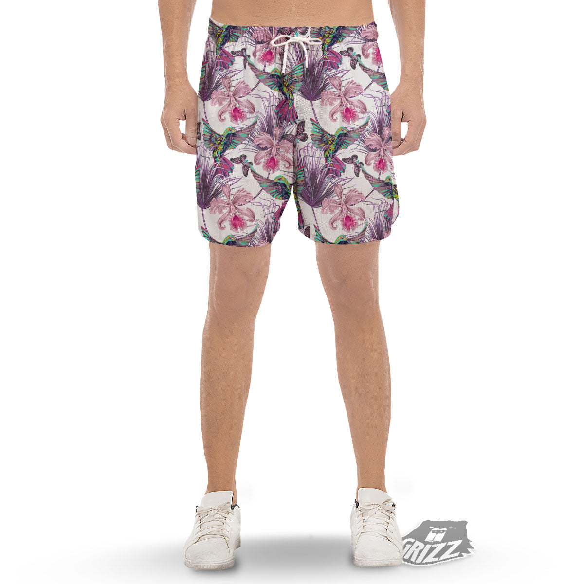 Hummingbird And Pink Flowers Print Men's Gym Shorts-grizzshop