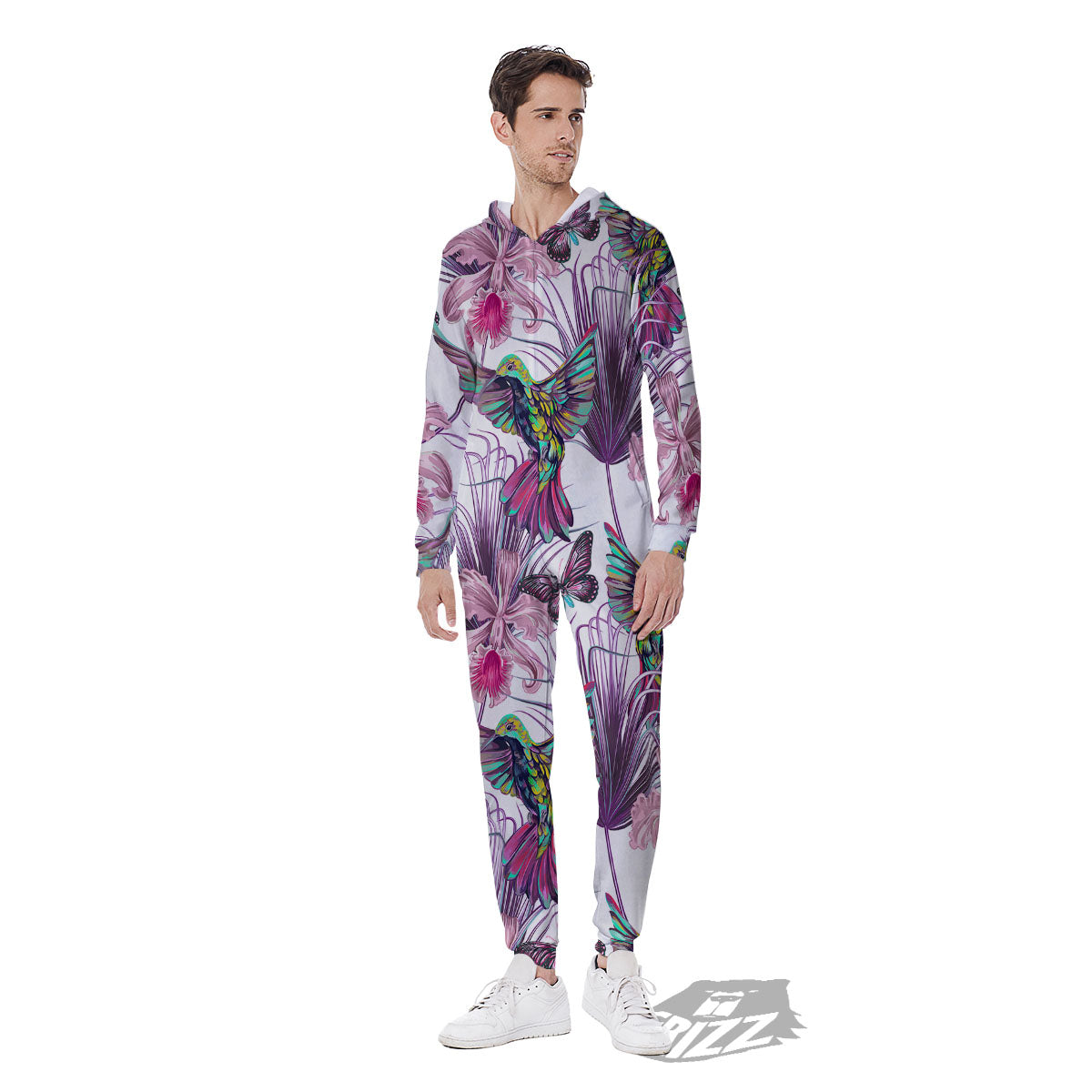 Hummingbird And Pink Flowers Print Men's Jumpsuit-grizzshop