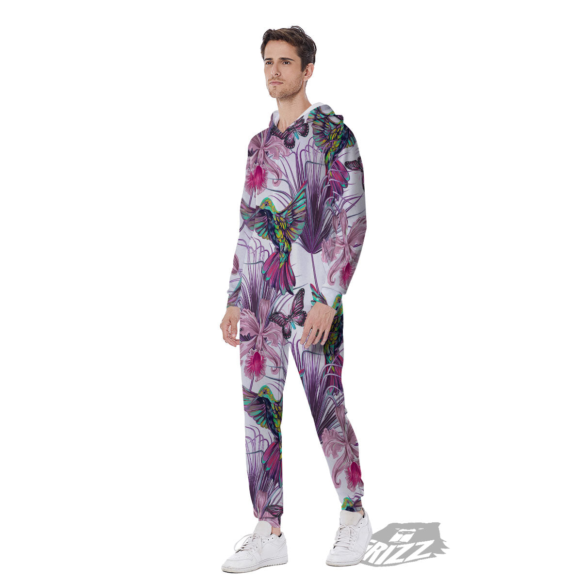 Hummingbird And Pink Flowers Print Men's Jumpsuit-grizzshop