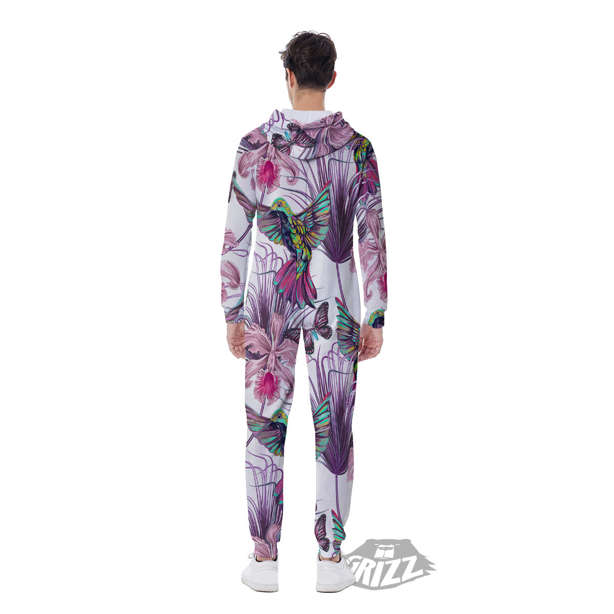 Hummingbird And Pink Flowers Print Men's Jumpsuit-grizzshop