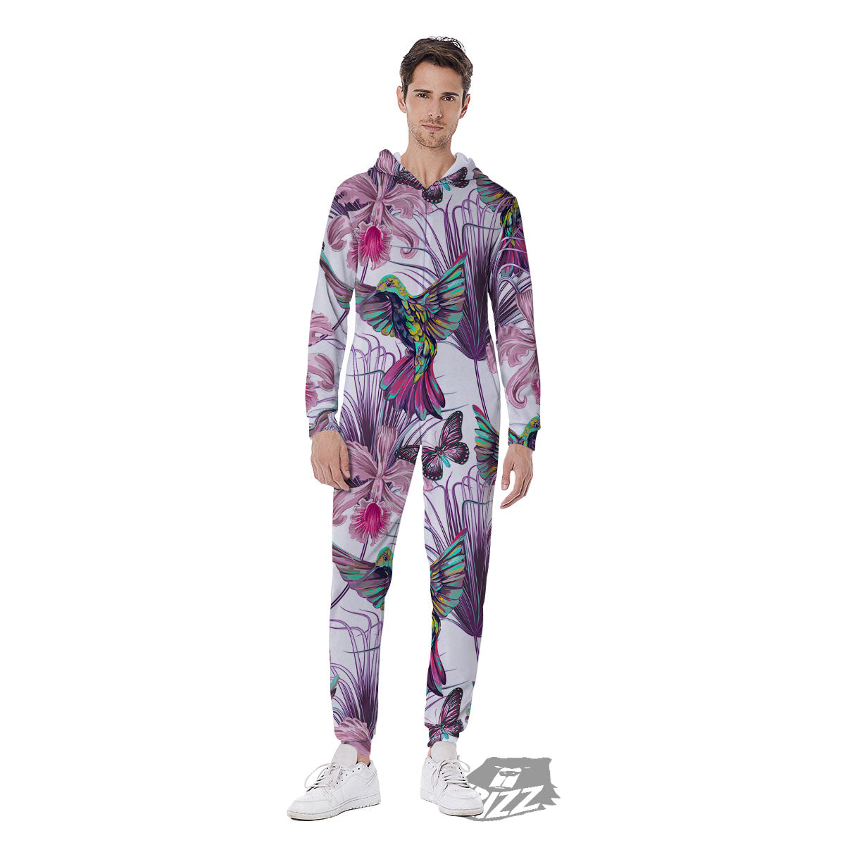Hummingbird And Pink Flowers Print Men's Jumpsuit-grizzshop