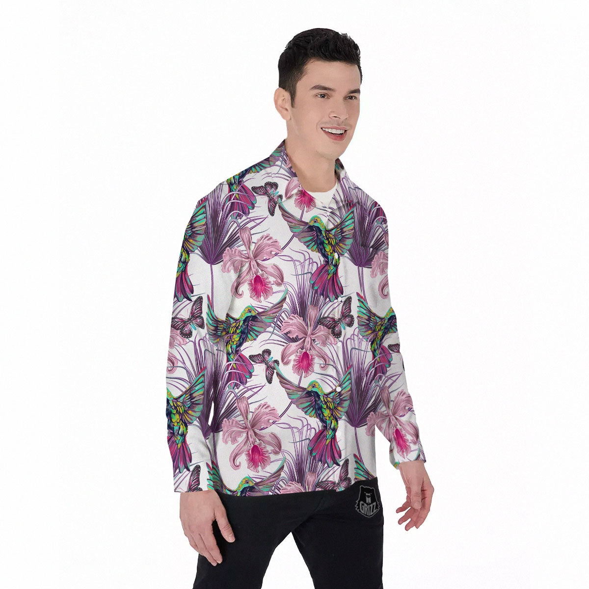Hummingbird And Pink Flowers Print Men's Long Sleeve Shirts-grizzshop
