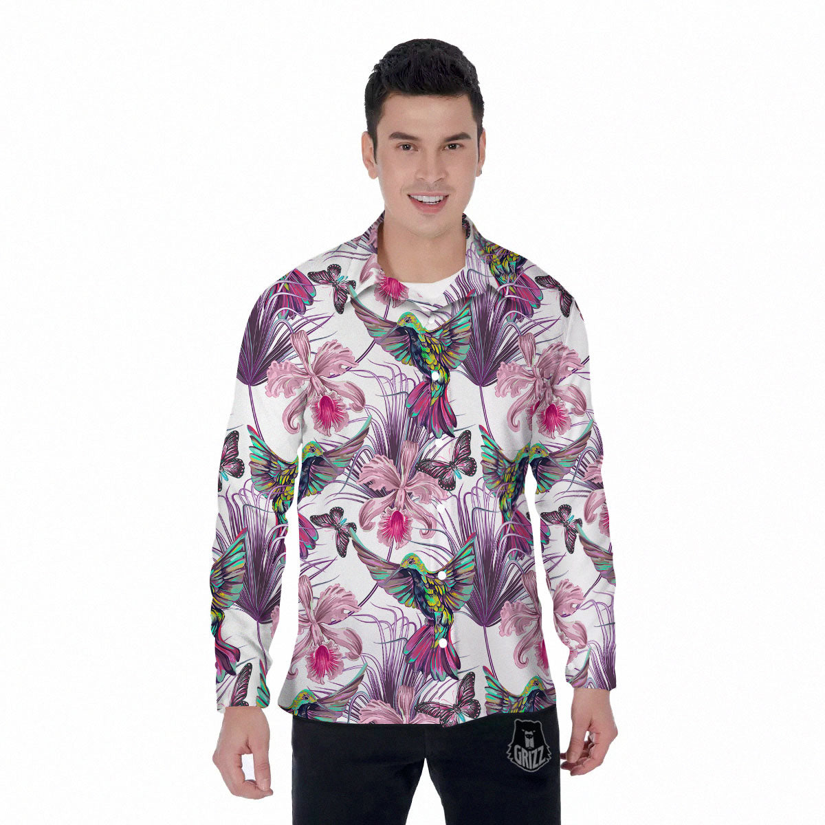 Hummingbird And Pink Flowers Print Men's Long Sleeve Shirts-grizzshop