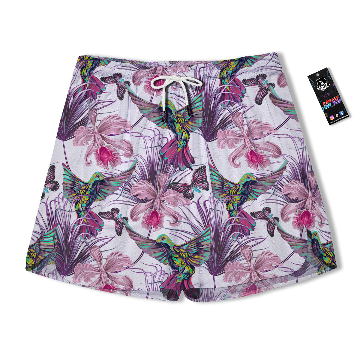 Hummingbird And Pink Flowers Print Men's Running Shorts-grizzshop