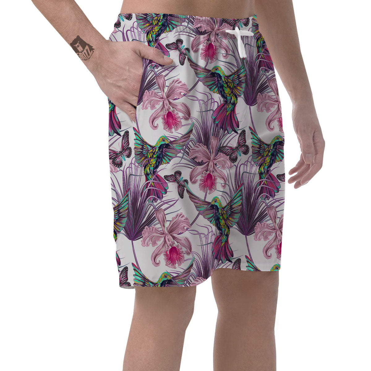 Hummingbird And Pink Flowers Print Men's Shorts-grizzshop