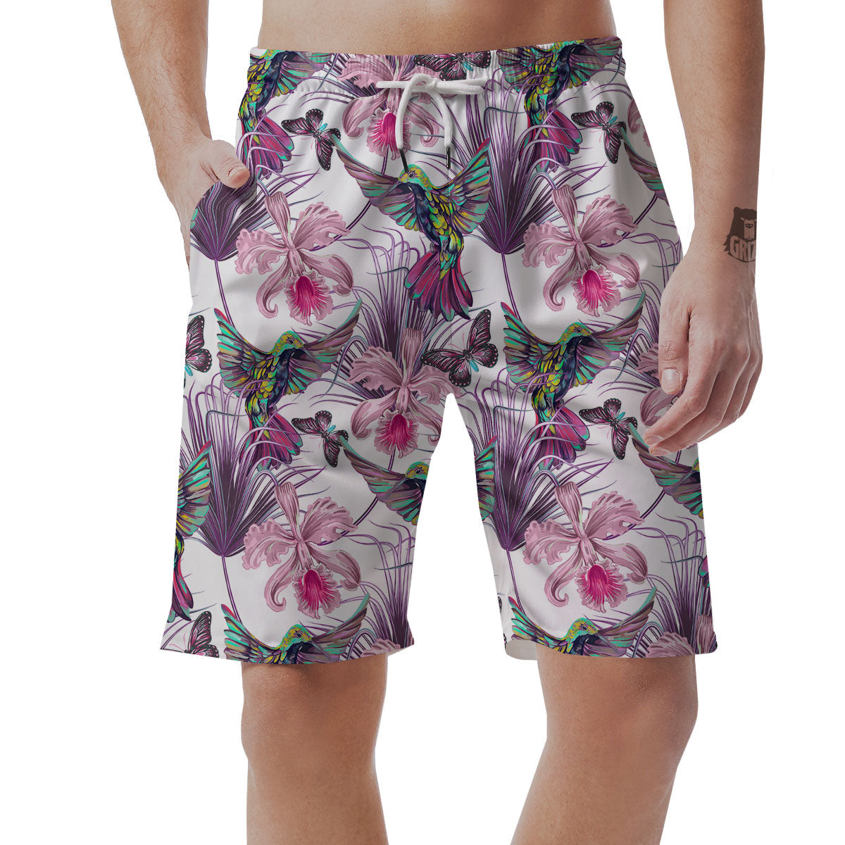 Hummingbird And Pink Flowers Print Men's Shorts-grizzshop
