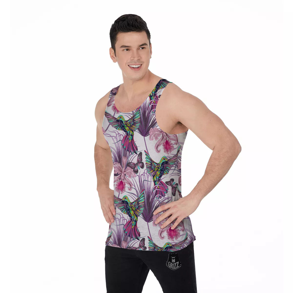 Hummingbird And Pink Flowers Print Men's Tank Top-grizzshop