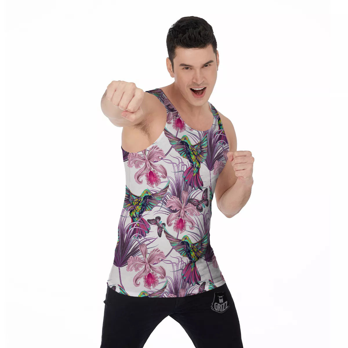 Hummingbird And Pink Flowers Print Men's Tank Top-grizzshop